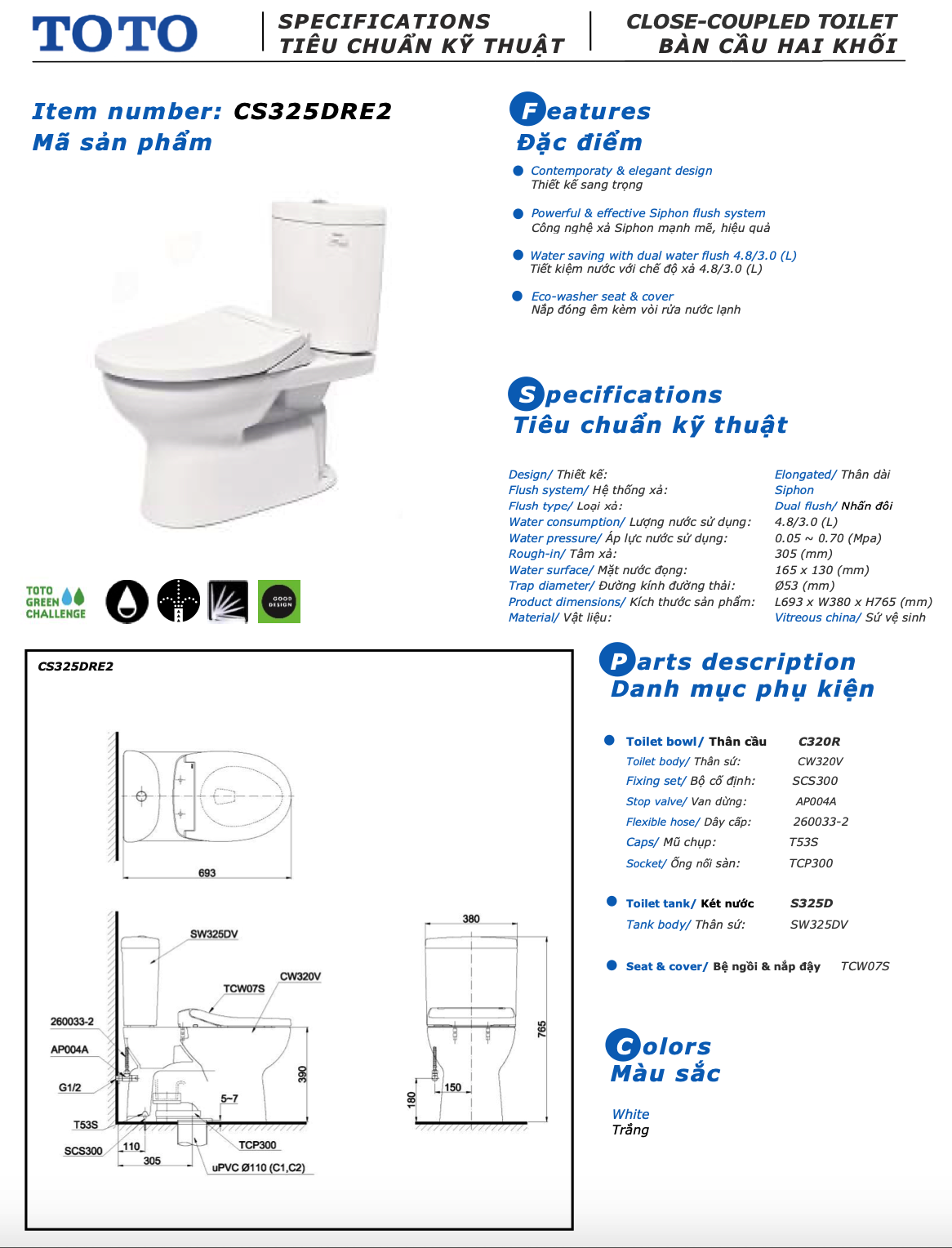 bàn cầu hai khổi nắp rửa cơ toto washlet CS325DRE2