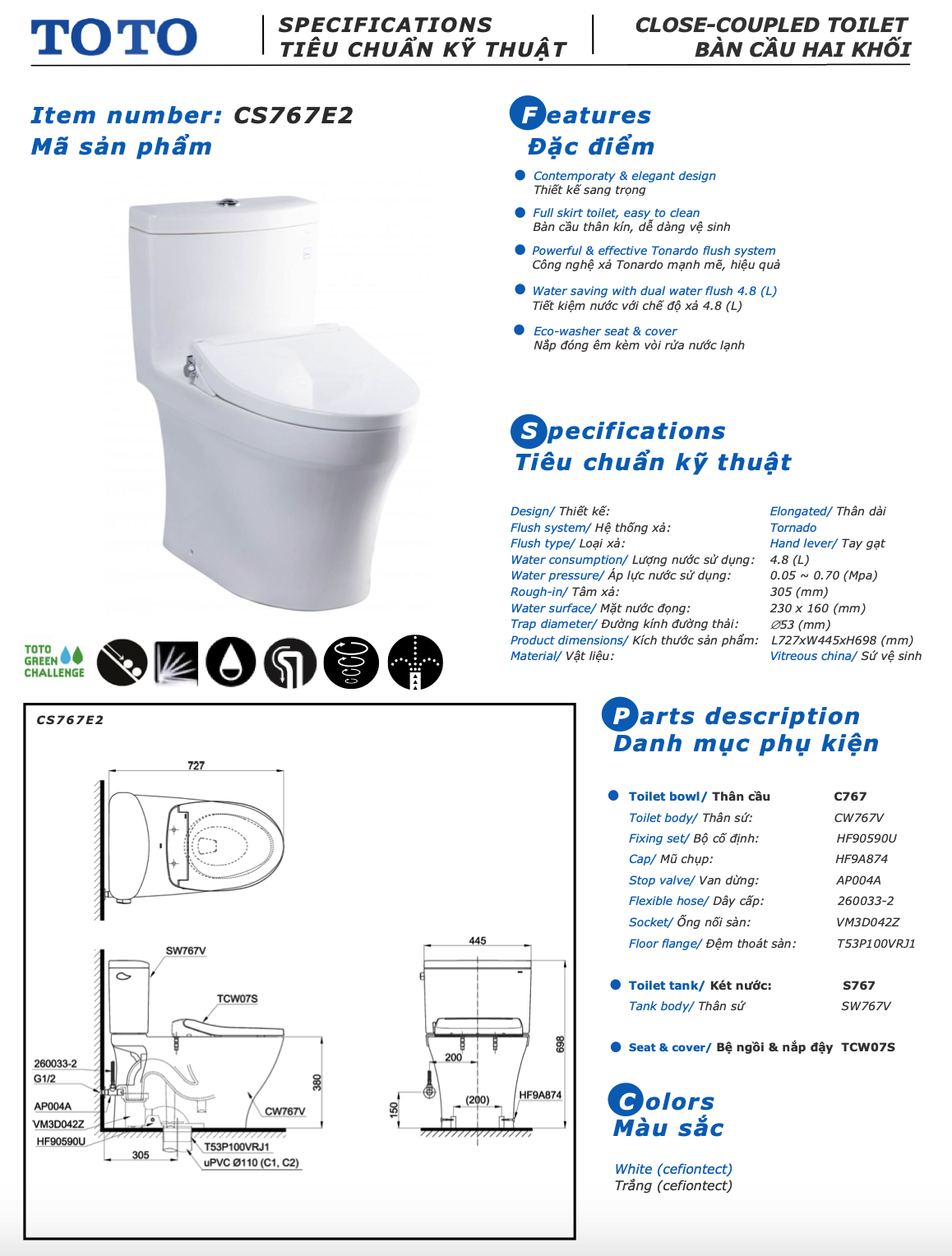 bàn cầu hai khổi nắp rửa cơ toto washlet CS767RE2