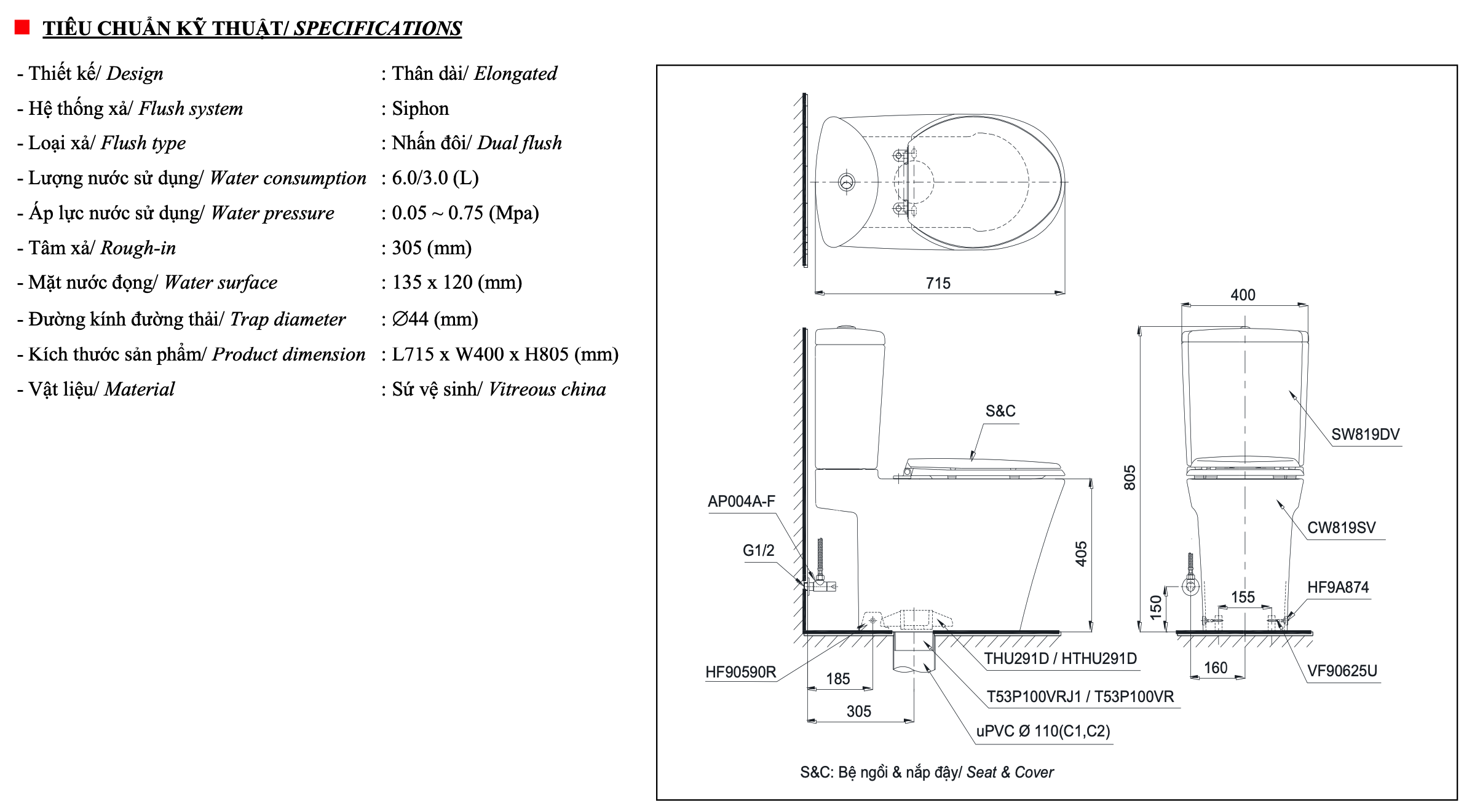 bàn cầu hai khổi nắp rửa cơ toto washlet CS819DSE2