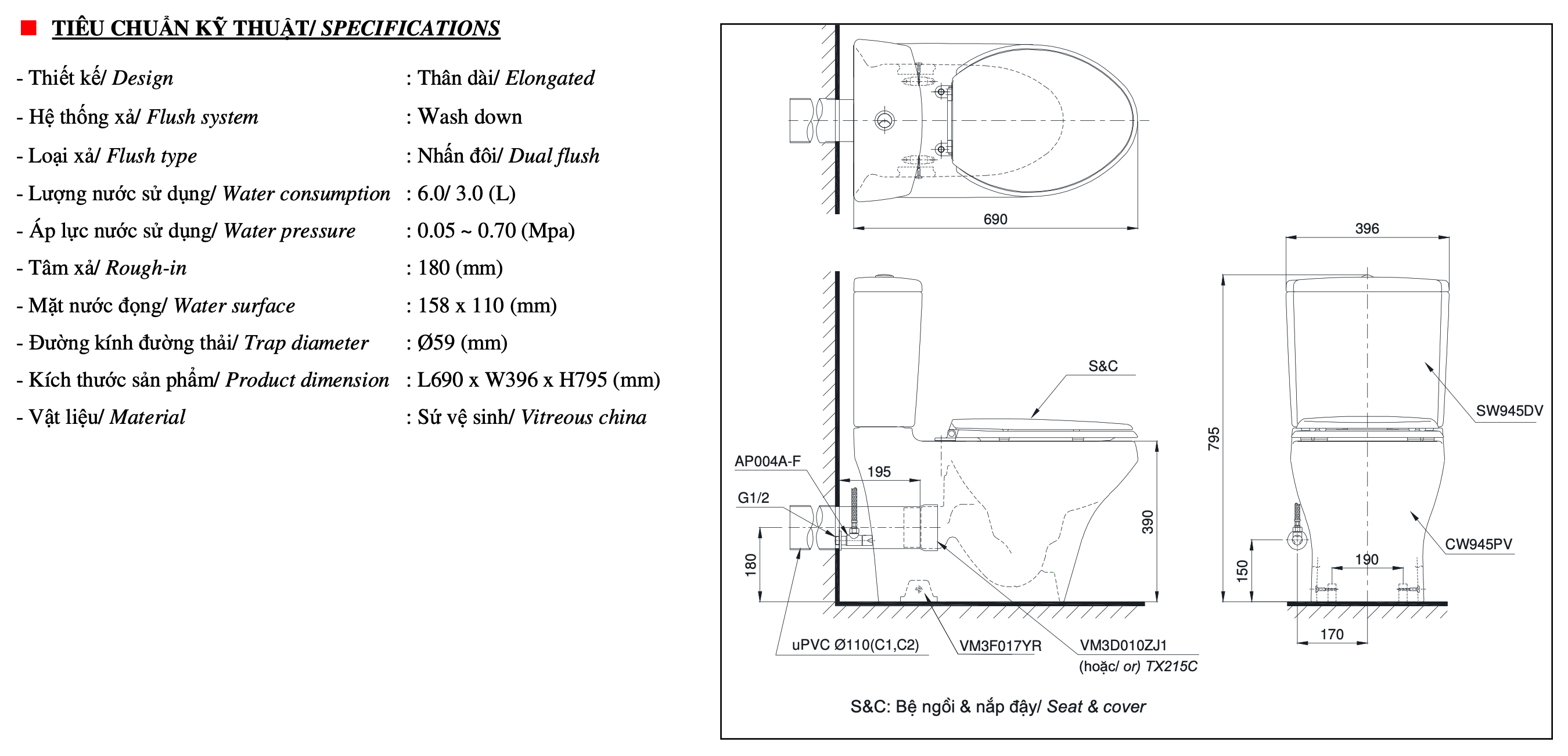 bàn cầu hai khổi nắp rửa cơ toto washlet CS945PDE2